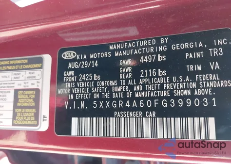 2015 Kia Optima Sx Turbo z USA, uszkodzony, nr VIN 5XXGR4A60FG399031